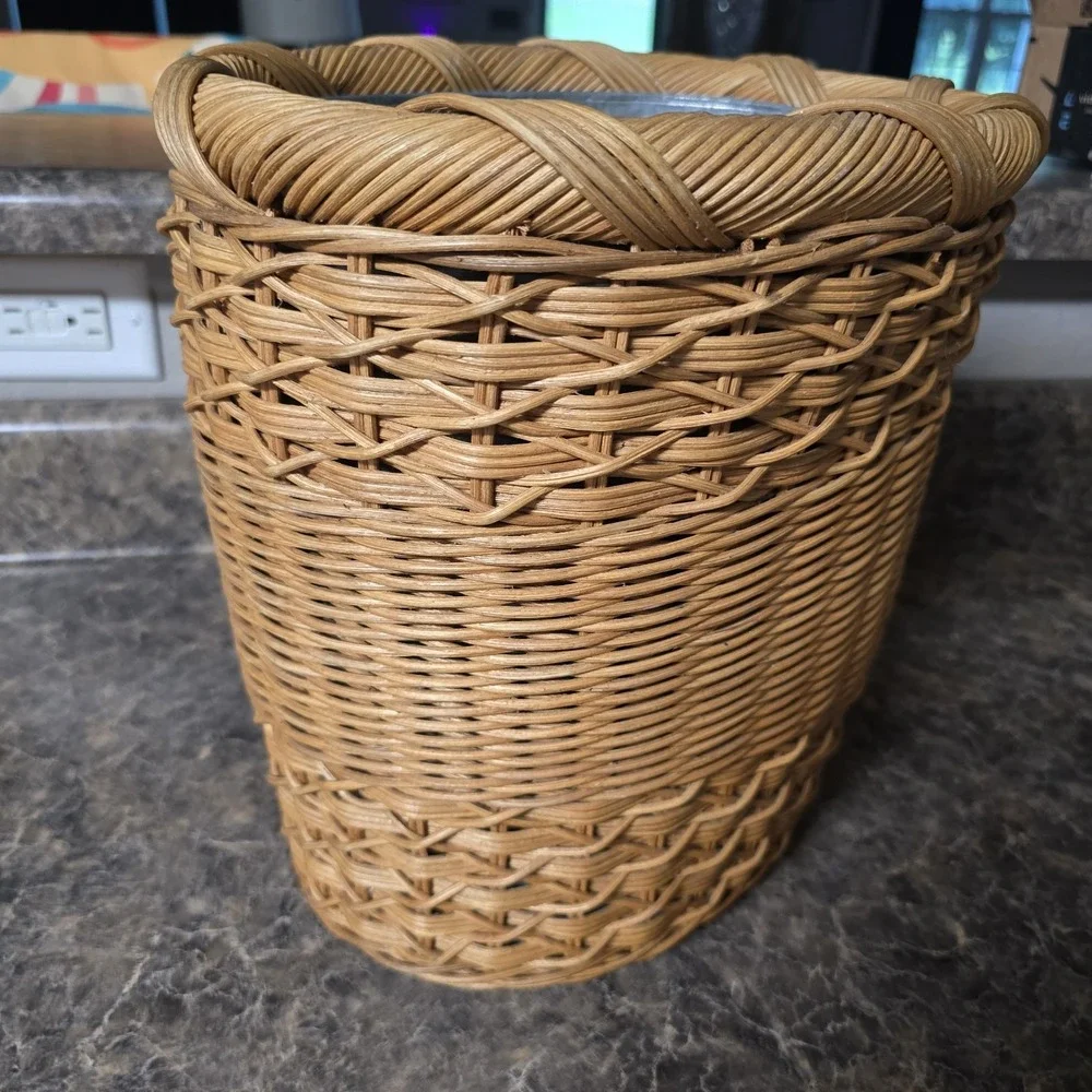 Rattan Wicker Wastebasket planter Metal Liner Braided Rim Boho Natural Brown